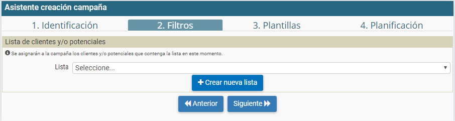 Filtros: Asistente creación campaña Filtros: Asistente creación campaña